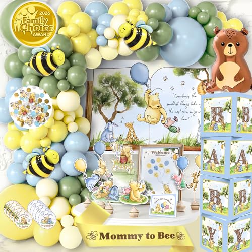 269 Pieces Winnie Baby Shower Decorations Kit, All-in-1 Whimsical the Pooh Party Pack With Balloon Arch, Guestbook Poster, Baby Boxes with Letters for Teddy Bear Shower - Yellow, Blue, Brown