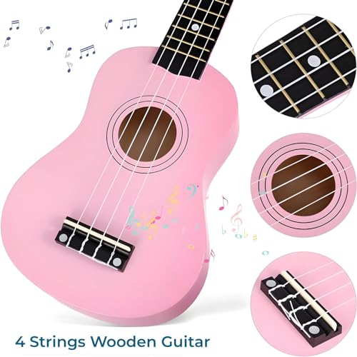 Image of Jakeloo 21 Inch Wooden Acoustic Guitar for Toddler, Kids Guitar Toy, Musical Instrument, Ideal for 3-9 Year Old Boys Girls, Pink