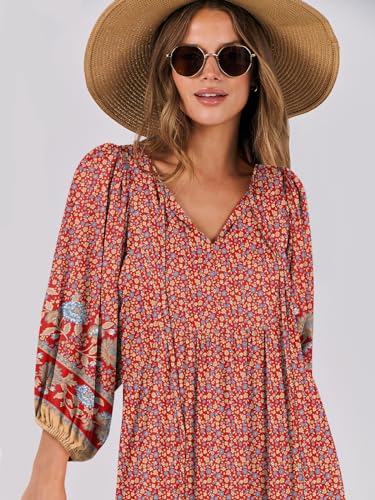 Image of ANRABESS Womens Boho Floral 3 /4 Puff Sleeve Maxi Dress