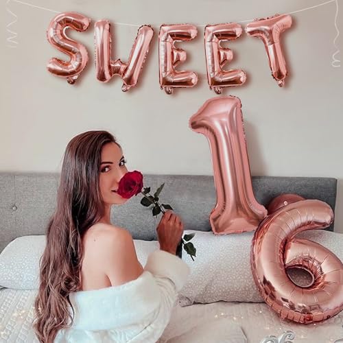 Image of Rose Gold Pink Sweet 16 Party Balloons Decorations - 40inch Number 16 Balloons Happy 16th Birthday Sweet Sixteen Party Decorations for Girls Anniversary Events Supplies