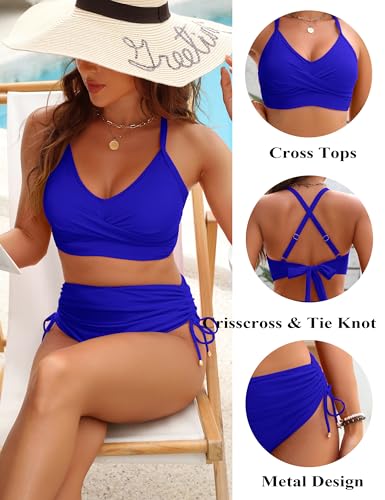 Image of Blooming Jelly Womens High Waisted Bikini Sets Drawstring Tummy Control Swimsuits Crisscross Tie Back Bathing Suit
