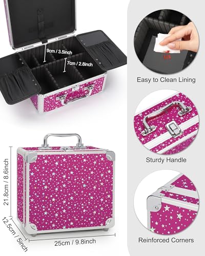 Image of Relavel Makeup Bag with LED Mirror, Makeup Box Travel Train Case with Rechargeable Lighted Mirror, Cosmetic Brush Organizer Storage for Makeup Artists Gifts for Women and Girls, Hot Pink Shining Star