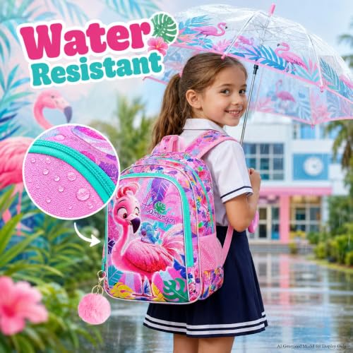Image of AGSDON 3PCS Flamingo Backpacks for Girls, 16 inch Kids Backpack with Lunch Box, Water Resistant Girl Reflective Bookbag for Elementary