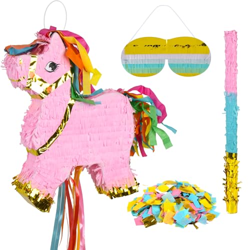 Small Pony Horse Pinata (Pink, Gold) with a Blindfold, a Bat and Confetti (16.5x12x3 Inches), Perfect for Birthday Parties, Themed Decorations