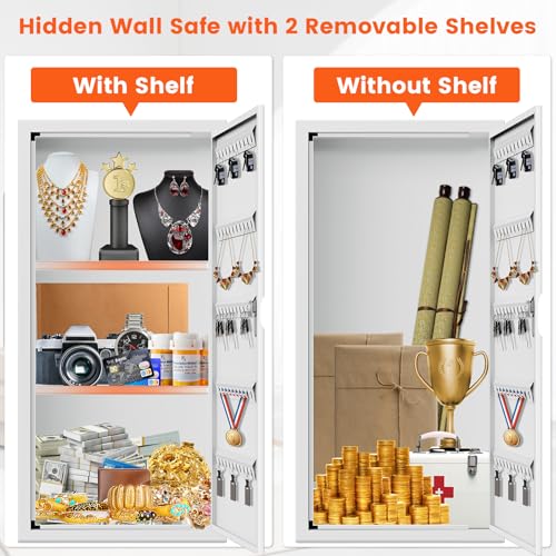 Image of 29.53 inch Tall White Wall Safes Between 16 inch Studs | 33% Larger Capacity & Lock | Lockable Hidden Safe Box with 2 Removable Shelf & Hooks for Keys Jewellery | Home In Wall Safe for Money Medicines Valuables