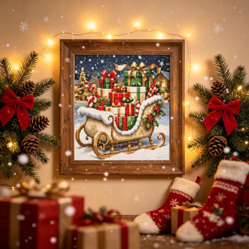 Image of Christmas Gift Stamped Embroidery Cross Stitch Kits Arts and Crafts | Needlepoint Counted Cross Stitch Kits for Beginners Adults, Crossstitching Printed Christmas Dimensions Patterns Stitch