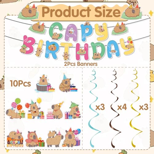 Image of Capybara Birthday Party Banners Hanging Swirls Decorations 12PCS | Capybara Party Banners 12pcs, Glitter Swirls Decor, Cardstock Pieces, Cute Capybara Theme, Birthday Party Decor for Kids