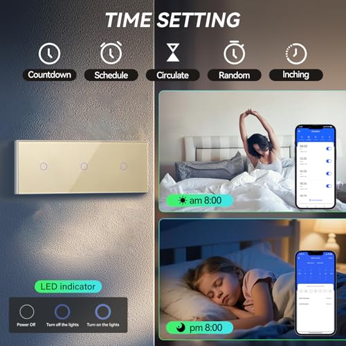 BSEED Smart Lichtschalter 1 Fach 2 wege Dreifach Wifi Lichtschalter arbeitet mit Amazon Alexa and Google Home,Glas Touchscreen-schalter Gold(Erforderlich Neutral Draht) 228mm