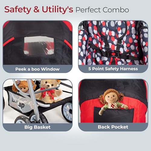 Image of LuvLap Sunshine Baby Stroller /Pram for 0 to 3 Years, New Born /Toddler /Kid, 5 Point Safety Harness, Adjustable backrest, 360 Swivel Wheel, Large Storage Basket, Reversible Handlebar (Red)