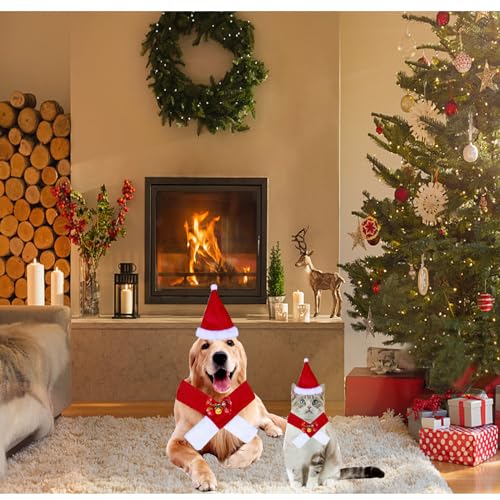 3 Stück Weihnachten Katzenkostüm Hundekostüm, Weihnachten Haustier Kostüm Set,Weihnachtsmütze Fliege Halsband,Schal, Haustier Weihnachtskleidung Hunde Katzen Kostüm Zubehör Set