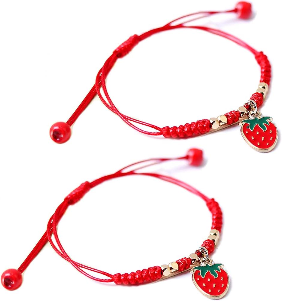 HUJUON 2Pcs Summer Fruit Strawberry Cherry Bracelets Sets,Handmade Weave Red Rope Adjustable Bracelet Protection Jewelry for Couple Best Friends