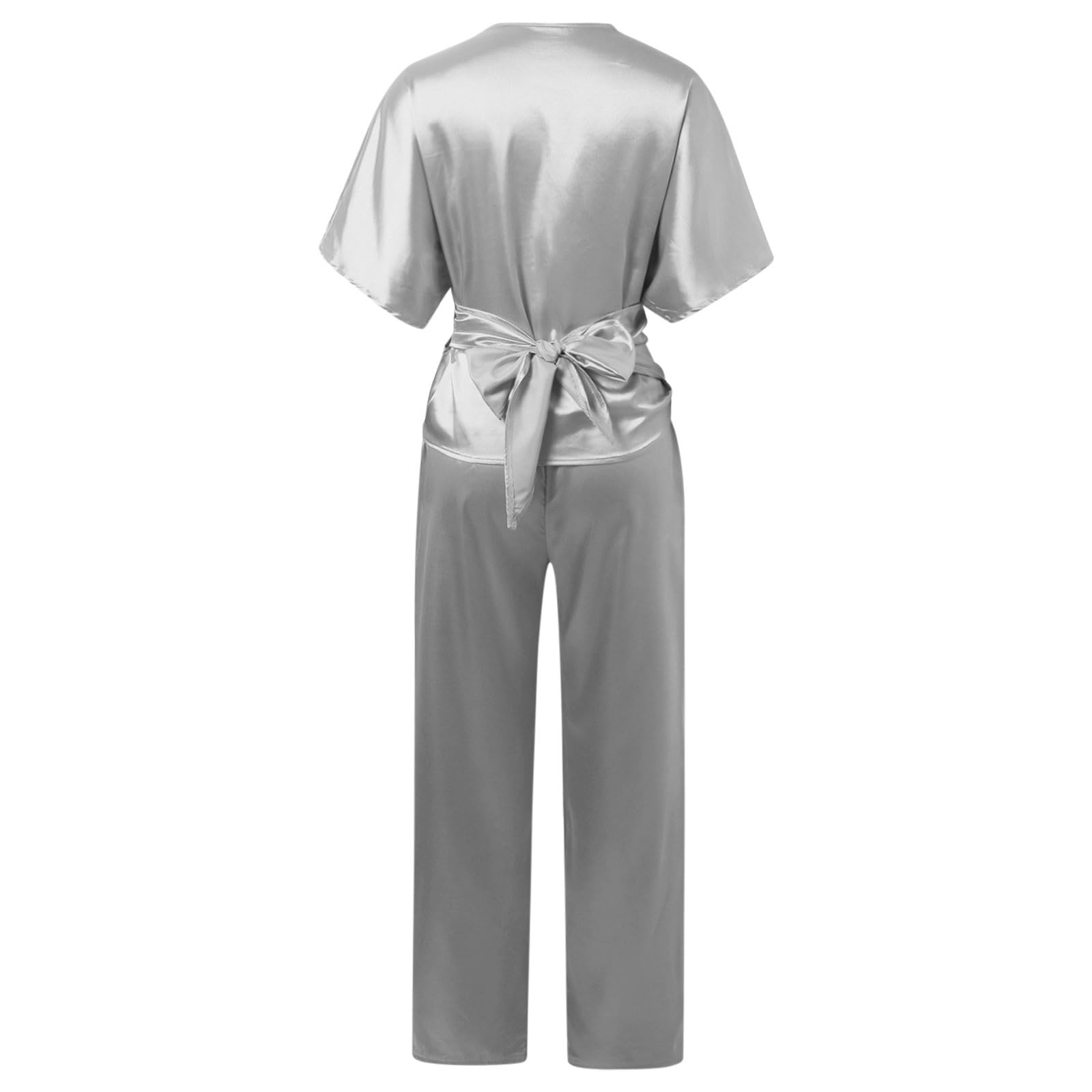 Generisch Damen Casual Solide Halbarm Shirt Gürtel Kontrast Tasche Kordelzug Hose Hosen Set
