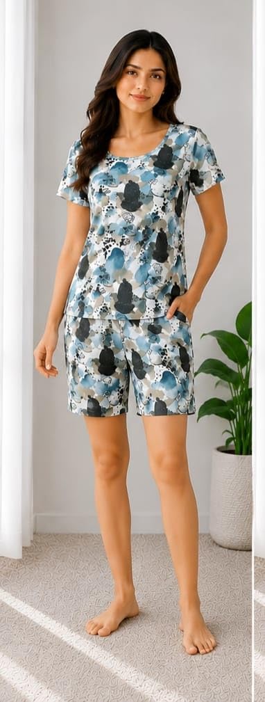 Printed Night Suit for Women, Loose Fit, Viscose Rayon, Short Sleeve Top with Nikkar Set (Green, XL)-image-46