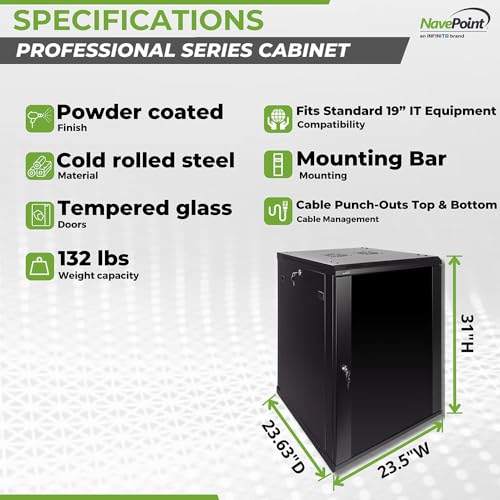 Image of NavePoint 15U Server Rack Enclosure - 23.6 inch Deep, Wall Mount Network Cabinet with Locking Glass Door for 19 inch IT Equipment, Network Rack with 2 Fans, Removable Side Panels, Black
