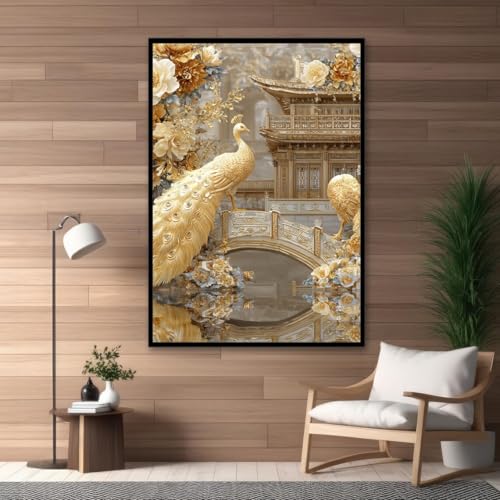 Tableau paon doré 60x90cm avec cadre intérieur pour salon - 2