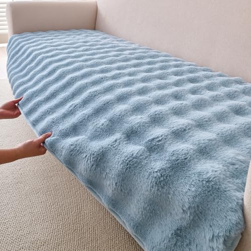 Image of HOKIPO 'FurHug' Premium Faux Fur Rabbit Sofa Cover Mats for L Shape and 1 /2 /3 Seater Sofa. Make Your Own Sofa Cover Set, Mat Length 90(D) x 240(L) cm, Charm Blue (AR-6290-BL)