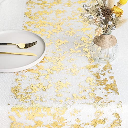 WELTRXE Chemin de Table Filet avec Feuille d'or 28cmx5m, Ruban de Table Métallisé, Décoration pour Fête, Anniversaire, Mariage, Noël, DIY, Emballage (Or, 5m)