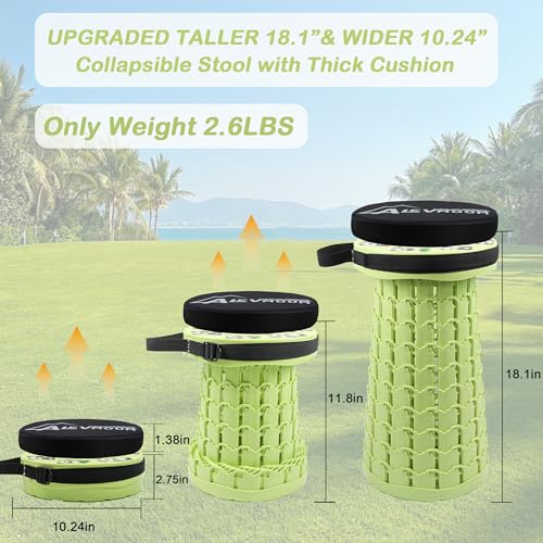 Image of ALEVMOOM 2026 Collapsible Stool with Thick Cushion, H18.1 D10.24 Portable Telescoping Sturdy Load Capacity 600Lbs, Retractable Adjustable Camping Folding Stool for Outdoor Hiking BBQ Climb