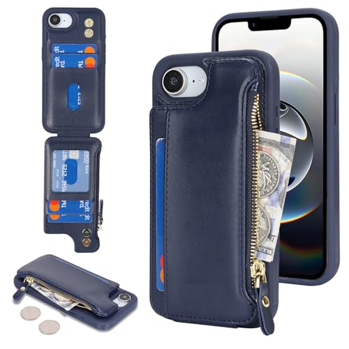 Étui iPhone 16 bleu avec porte-cartes et poche zippée pour l'esprit léger