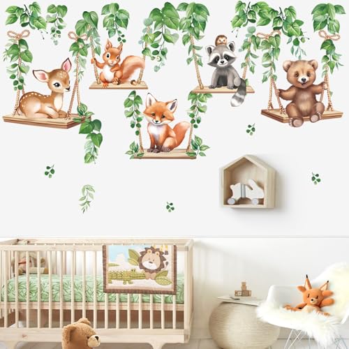 wondever Stickers Muraux Animaux Forêt Vigne Autocollants Muraux Mural Stickers Ours Cerf Renard Écureuil pour Chambre Enfants Bébé Pépinière Salon