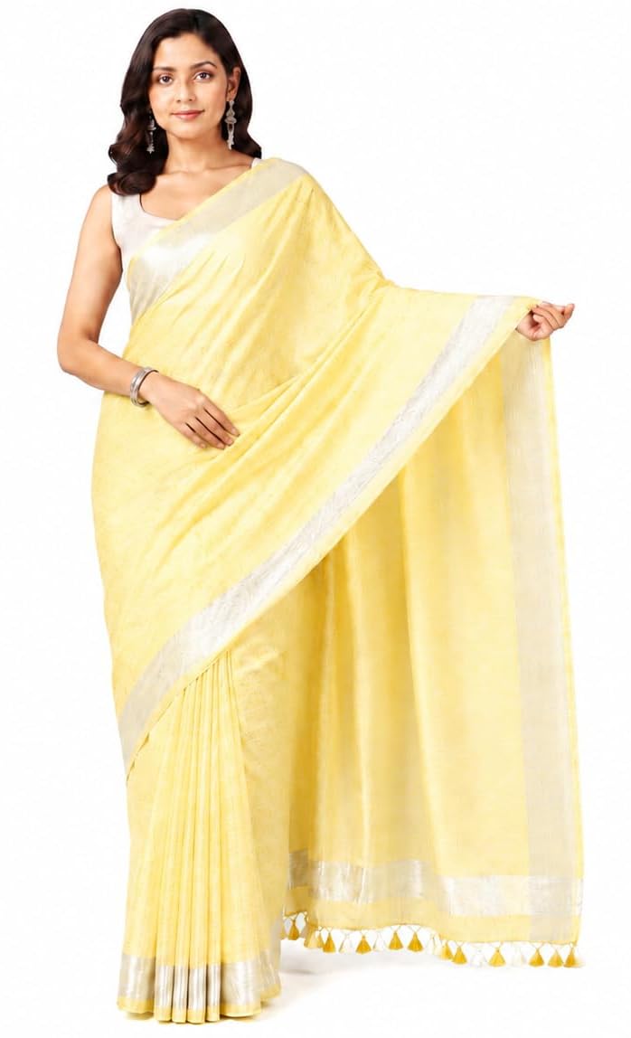 Bhagalpuri Linen Slub Saree for Women with Zari Border & Running Blouse Piece | Handloom Linen Saree | Lightweight Ethnic Wear | Party & Festival Wear-image-48