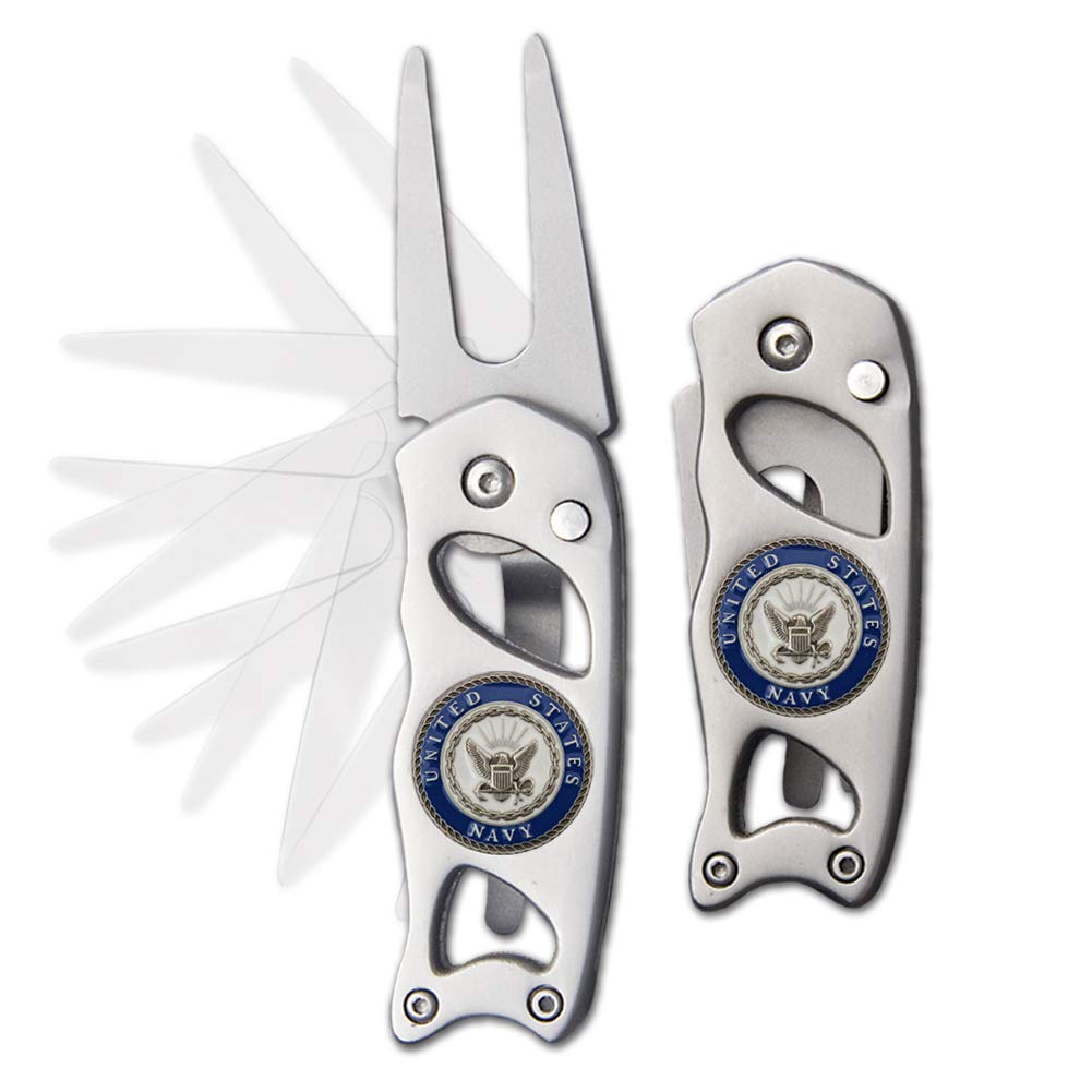 Indiana Metal Craft US Navy Crest Stainless Steel Construction Switchblade Golf Divot Repair Tool with 0.75 inches Die Struck Magnetic Nickel Silver Enamel Ball Marker