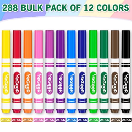 Image of YEGEER 288 Count Washable Markers Bulk - 12 Assorted Colors, Broad Tip Markers for Kids, School and Teacher Classroom Supplies, Perfect for Art and Coloring.(288)