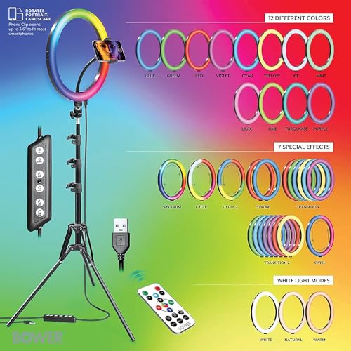 Bower 12-inch RGB LED Selfie Ring Light Studio Kit - Adjustable Brightness, 9 RGB and 3 White Light Modes, 7 Special Effects, with Tripod and Wireless Remote for Professional Photos and Videos