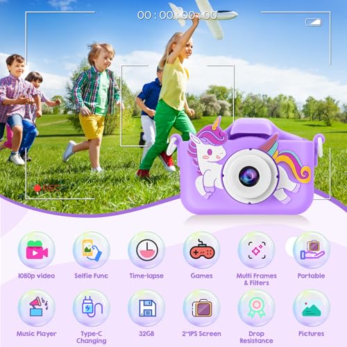 Kids Camera, Toys for Age 3-9 Year Old Toddler Digital Camera, Girls Christmas Birthday Gifts, Selfie Camera with Cartoon Soft Silicone Cover and 32GB Card (Violet) by Puoene - Image 4