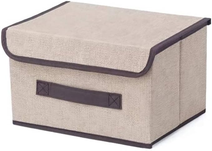 AURMOOPack of 4 Fabric Storage Boxes, Baskets Fabric, Boxes Storage, 8L Wardrobe Organiser with Lid, Foldable, Storage Boxes Beige for Cupboard, Toys (255 x 190 x 160 mm)