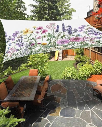 Waterproof Sun Shade Sail Spring Rustic Wildflowers Pink Daisy Lavender Flower Outdoor Patio Sun Shades Canopy UV Block Waterproof Sunshade for Garden Backyard Deck Pergola 12x16 Ft
