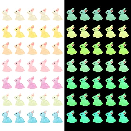 Waylenbo 70pcs Easter Luminous Mini Resin Rabbit 7 Colors Small Glow in the Dark Miniature Bunnies Figurines for Easter Egg Fillers Fairy Garden Miniature Moss Landscape Decoration