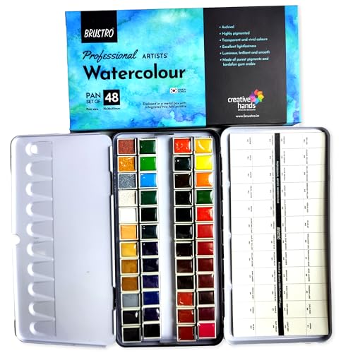 Image of BRUSTRO Artists Professional Watercolour Half Pan Set of 48 | Ideal for Landscape, Portrait, Paper, Painting Dry & Wet, Fine Art