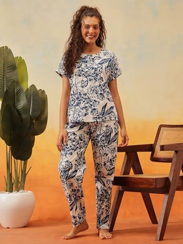 Image of Clovia Women's Floral Print T-Shirt & Pyjama Korean Night Suit for Girls | Rayon Korean Night Dress Set | Comfortable Multicolor Sleepwear