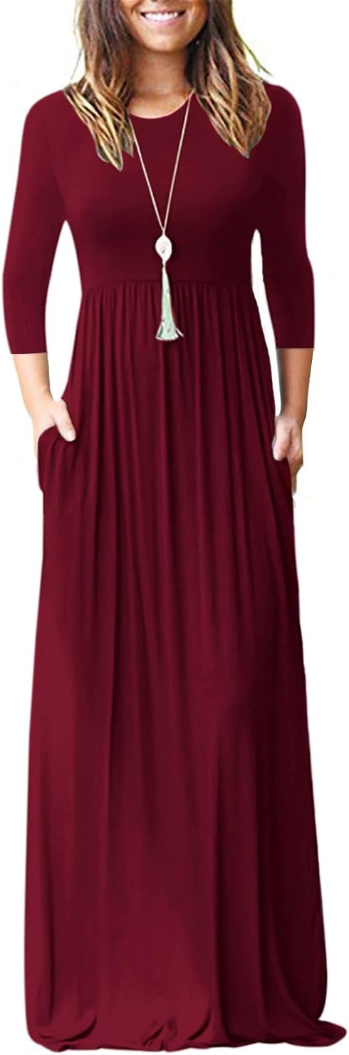 WNEEDU Women's 3/4 Sleeve Casual Loose Long Maxi Dresses with Pocket