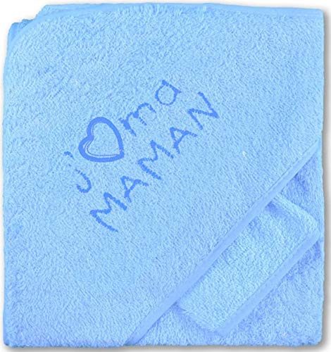 NOSBEBES® Sortie de bain brodé, peignoir, ensemble bebe Cape avec gant, 100% COTON idee cadeau naissance bébé Serviette à capuchon pour bébé, Serviette de Bain Bébé (BLEU MAMAN) Cover