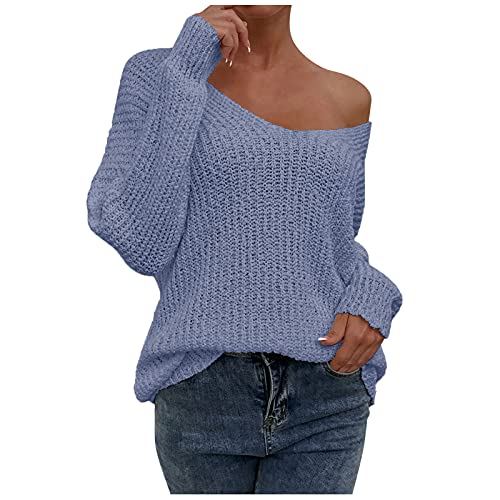 VEMOW Sexy V Neck Sweaters for Women Off Shoulder Jumper Long Sleeve Lightweight Knit Top Casual Loose Fit Fall Pullover Sweater Blue