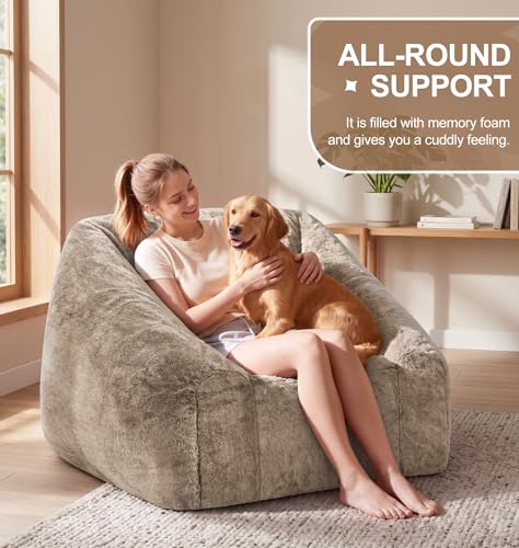 Image of Hobestluk Bean Bag Chair Plush Accent Chair Armrest Living Room Adult Brown