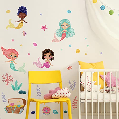 Mfault Baby Girls Black Mermaid Under The Sea Wall Decals Stickers, Multicultural Ocean Creatures Nursery Decoration Bedroom Playroom Art, Shell Bubble Coral Seaweed Kids Room Bathroom Home Decor #TOP2