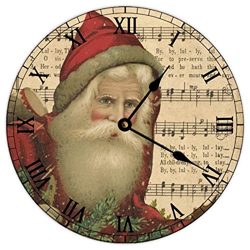 Vintage Santa Christmas Wall Clock French Country Tuscan Style Wall Clock Wooden Wall Clock,Battery Operated,Farmhouse Wall Decor Home Decor for Kitchen,Living Room,Bedroom,Office,10 Inch