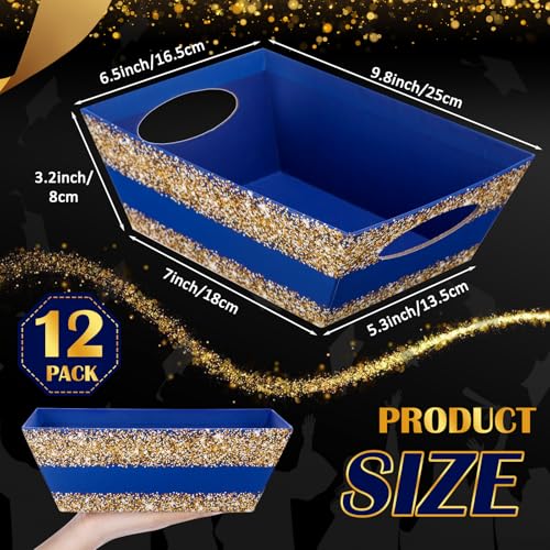 Image of Thenshop 44 Pcs Basket for Gifts Empty Gift Basket Bulk Include 12 Cardboard Tray 12 Plastic Bags and 20 Pull Bows for Christmas Fall Halloween Birthday Wedding Party DIY Wrapping(Golden Edge,Blue)
