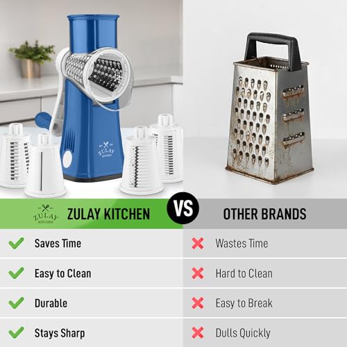 Image of Zulay Kitchen Rotary Cheese Grater 5 Blade Cheese Shredder - Manual Hand Crank Cheese Grater With Reinforced Suction & 5 Interchangeable Drums - Easy to Use, Vegetable Chopper Round Mandoline Slicer