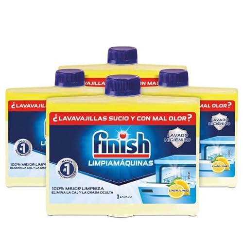 Finish Lot de 4 nettoyants hygiéniques pour lave-vaisselle contre les mauvaises odeurs, le calcaire et la graisse, liquide, parfum citron, 4 x 250 ml