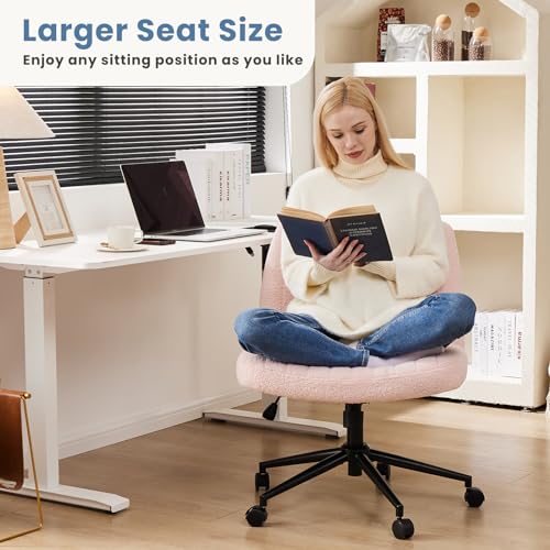Image of DUMOS Criss Cross Chair with Wheels, Cross Legged Office Chair Armless Wide Desk Chair with Dual-Purpose Base, Adjustable Swivel Teddy Fabric Task Vanity Home Office Desk Chair, Pink