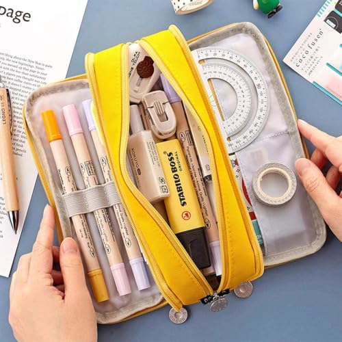 Image of Canvas School Bag Pencil Case, 3 Layer 6 Compartment Large Capacity, Aesthetic Pencil Pouch for Stationary, Cute Stationery for Kids, Pencil Case for Girls & Boys (Special Yellow)
