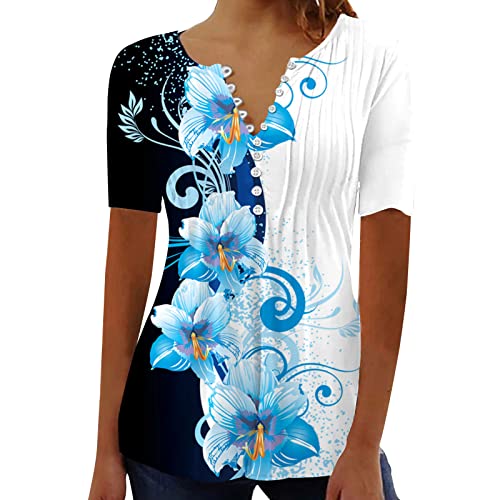 MRGIINR Túnica casual de verano para mujer, diseño de plumas, manga corta, con cremallera, cuello en V, ajuste holgado, elegante, lindo, con leggings, Gifts01#_azul, XXL