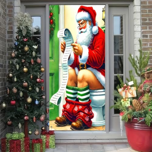 Image of BlissYard Christmas Door Cover 71x35 Inch Funny Santa Reading List Door Banner, Merry Christmas Winter Porch Sign for Front Door, Holiday Party Indoor Outdoor Decor Farmhouse Entry Hanging Cover