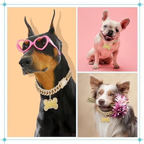 Hillban Golden Dog Chain Diamond Collar Necklace with Pet ID Jewelry Tags Rhinestones Stainless Steel Metal Link Collar Walking Chain for Christmas Puppy Boys Girls Gift Small Dogs (10 Inch) - Image 7
