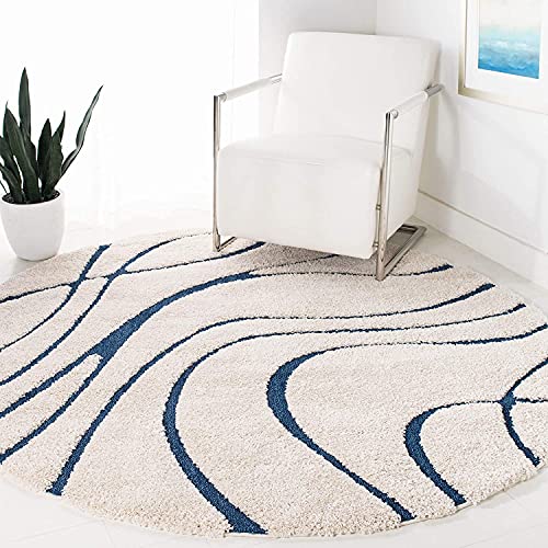 Image of Geometric Wave Round Shaggy Carpet for Living Room, Bedroom, High Low Design Finish Microfiber 1.8 Inch Pile High, 6x6 Feet Ivory|Blue Color