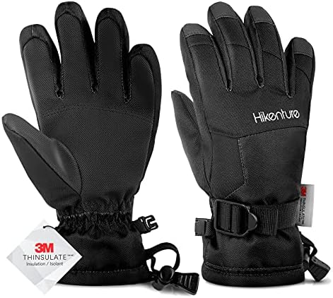 Hikenture Kids Snow Gloves,Winter Waterproof Gloves for Boys &Girls,Insulated Ski Gloves with 3M Thinsulate for Youth,Childrens,Teens,Toddlers(Black L)
